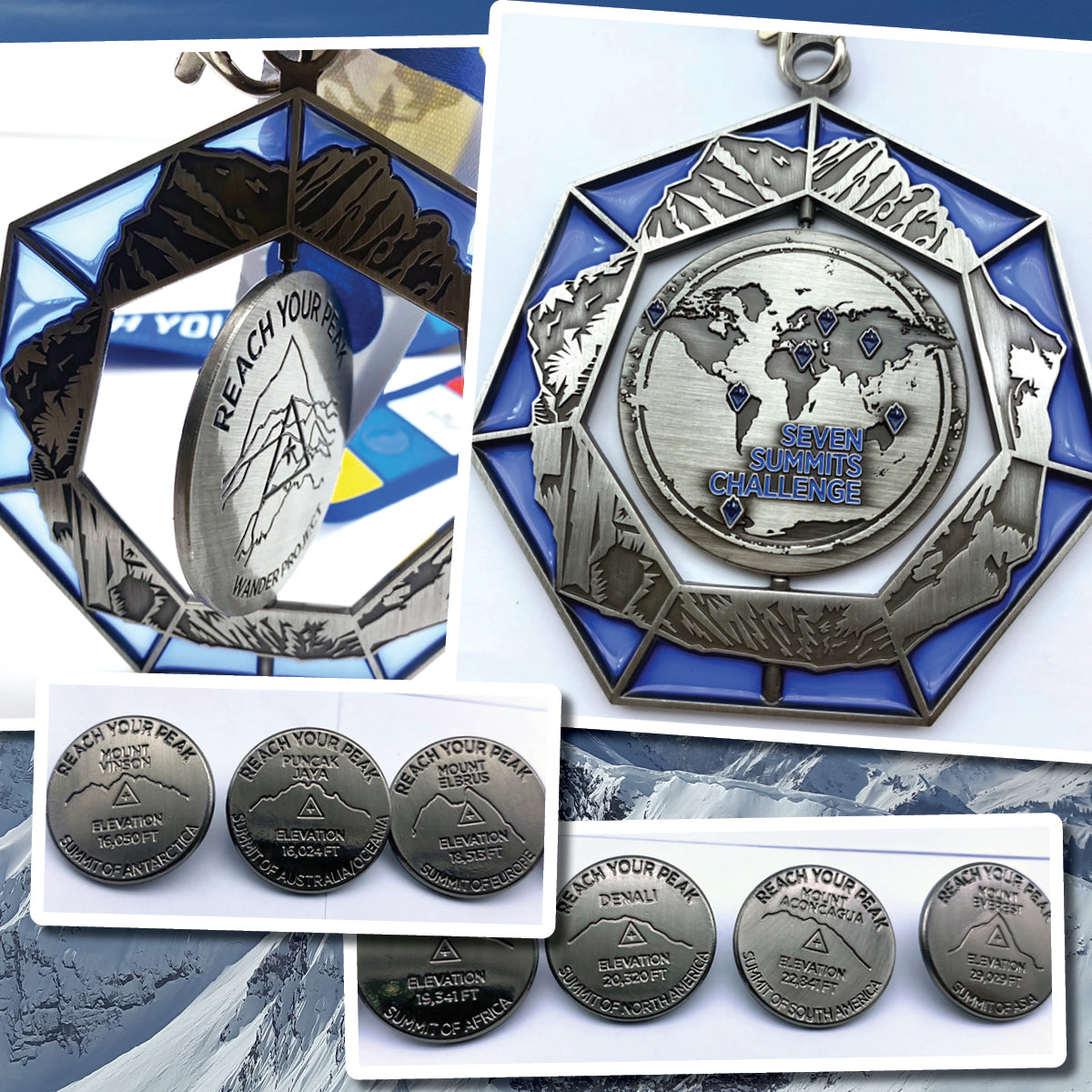 Reach Your Peak 7 Summits Challenge Medal & Pins Bundle